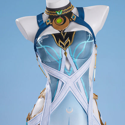 Genshin Impact Lauma Cosplay Costume Wig Dress Uniform Headwear Earrings Frostmoon Scions Halloween Party for Women Girls iCoser