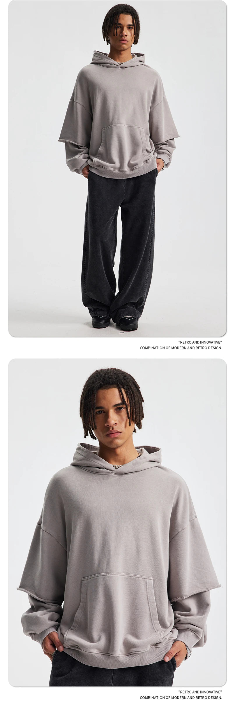 ZODF New Autumn Men's Washed Heavy Weight Cotton Hoodies Unisex Retro Fake 2 Peice 430gsm Loose Edge Hooded Pullovers HY1082