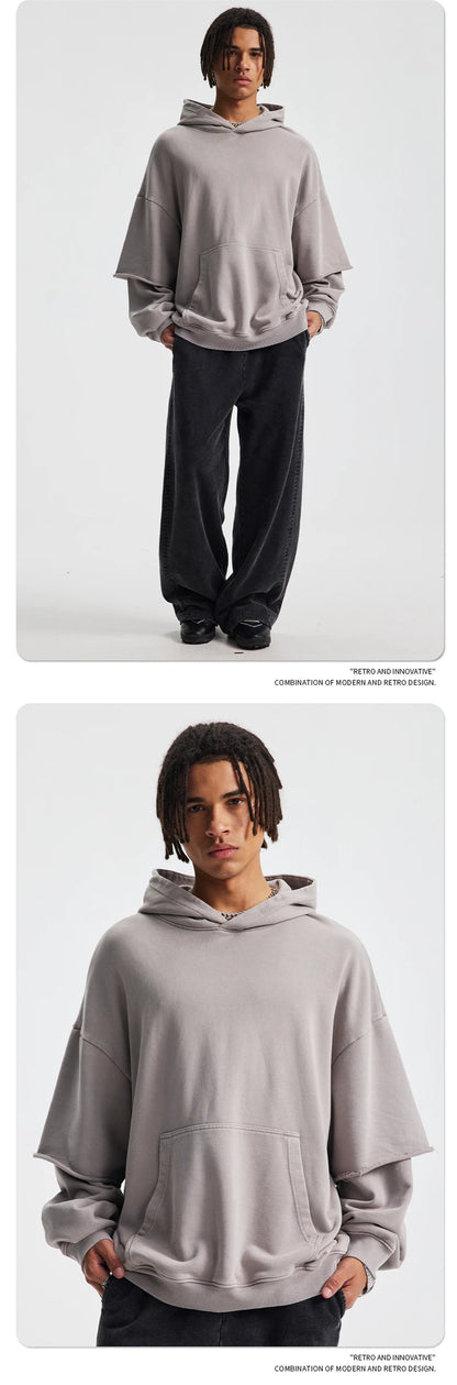 ZODF New Autumn Men's Washed Heavy Weight Cotton Hoodies Unisex Retro Fake 2 Peice 430gsm Loose Edge Hooded Pullovers HY1082