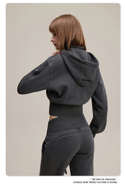 ZODF Vintage 2025 Winter Batik Washed Crop Hoodies Female Girls Remove Hood Heavy Weight Sport 400gsm Hooded Coat HY1085