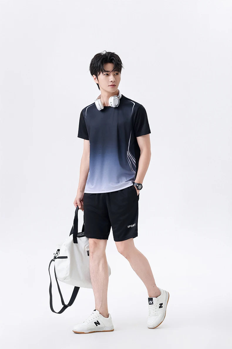 Chrlck Unisex Gradient Quick-Dry Ice Silk Fitness T-Shirt and Shorts Set for Running Gym Training