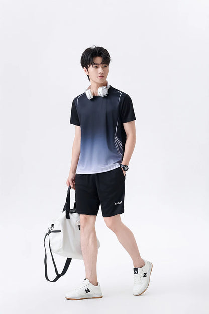 Chrlck Unisex Gradient Quick-Dry Ice Silk Fitness T-Shirt and Shorts Set for Running Gym Training