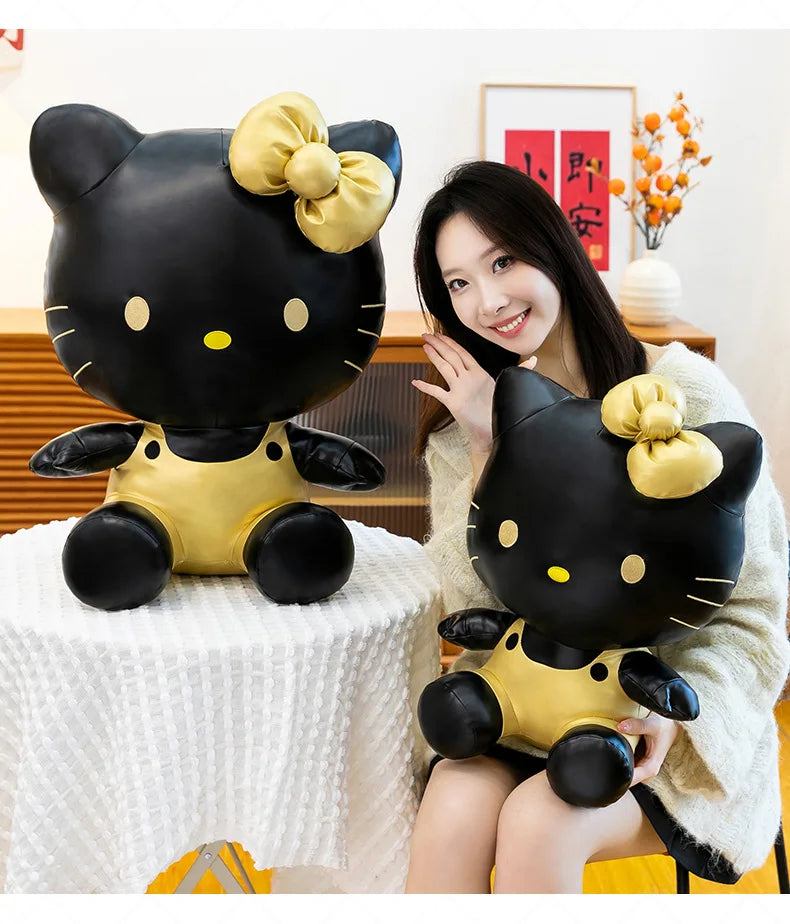 Cute Hello Kitty Plush Toy Black Gold Leather Cute Stuffed Animal Doll Kids Birthday Xmas Gift for Girls Plushie Pillow Present