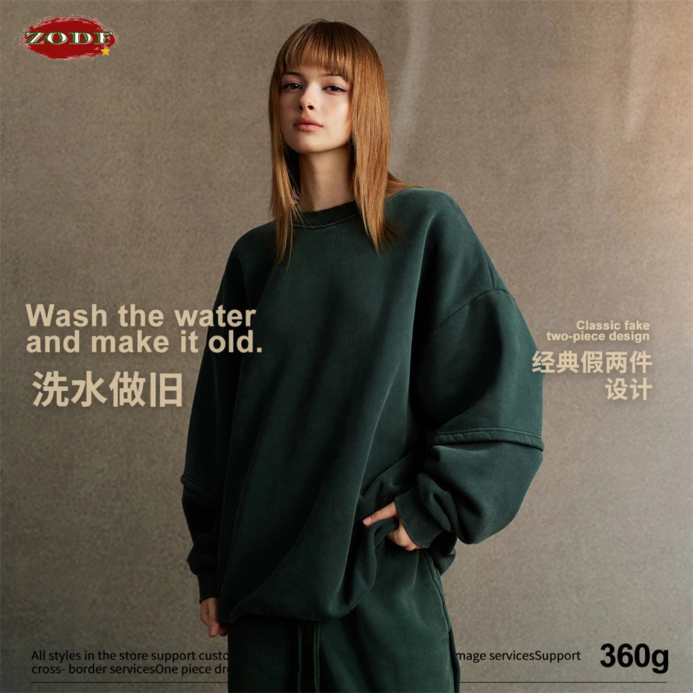 ZODF Trendy 2025 Winter Man 360gsm Washed Fleece Hoodies Unisex Patchwork Loose Fake 2 Pieces Knitted O Neck Sweatshirts HY1089