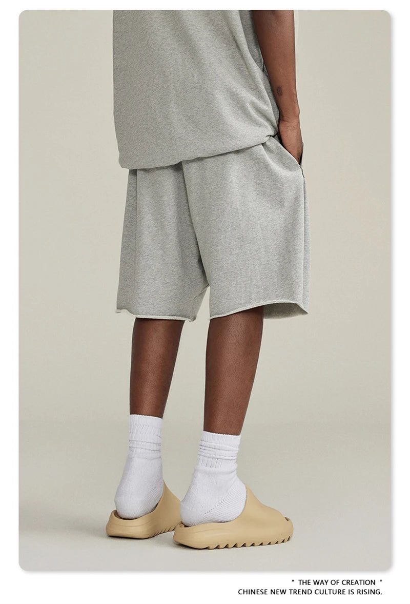 ZODF New Summer Men Retro Washed Shorts Unisex Drawstring Loose Edge 420gsm Solid Knee Length Cotton Pants Streetwears HY0589