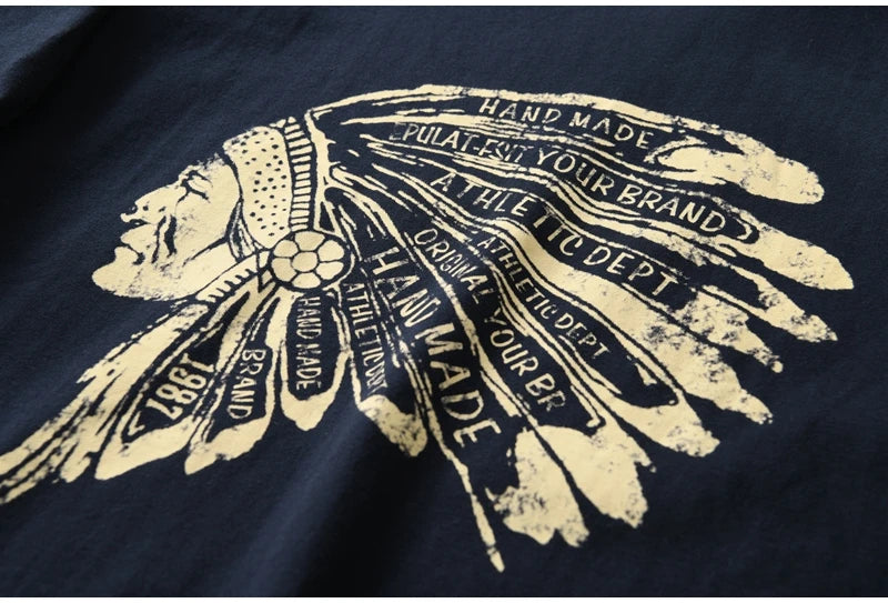 Autumn New American Retro Long Sleeve O-neck Indian Printed T-shirt Men's Fashion 100% Cotton Washed Casual Bottoming Tops