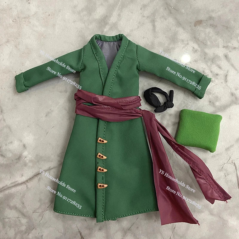 1/12 Anime One Piece Roronoa Zoro Man Soldier Mini Hemline Long Black Green Windbreaker Coat Toys Accessory For 6" Shf Figure