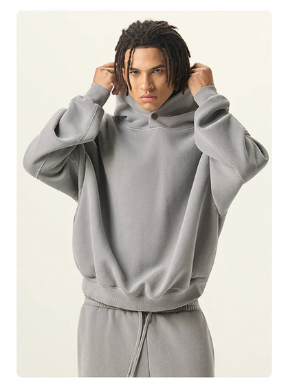 ZODF Vintage 350gsm Man Washed Boxy Fleece Hoodie Unisex Loose Ripped Warm Button Winter Hooded Pullovers Brand Clothing HY0053