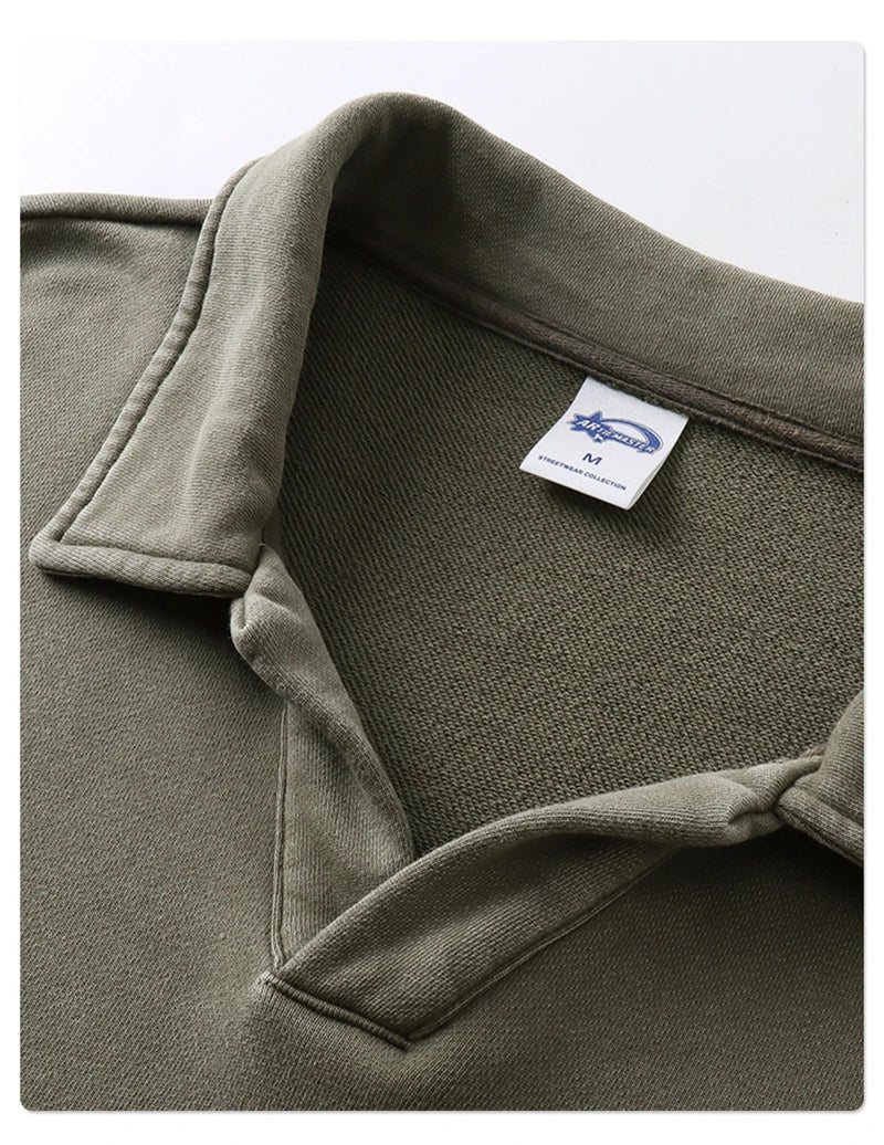 ZODF Retro Heavy Weight 400gsm Washed Cotton T-Shirts For Man Unisex Full Sleeve Turn Down Collar T Shirt Brand Tops HY1087