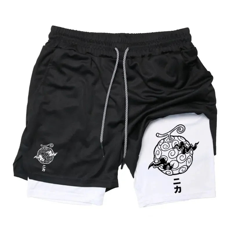One Piece Nika Anime Men Gym Shorts Streetwear Casual Double-layer Sports Pants Graphic Print Elastic Waist Summer Sportswear