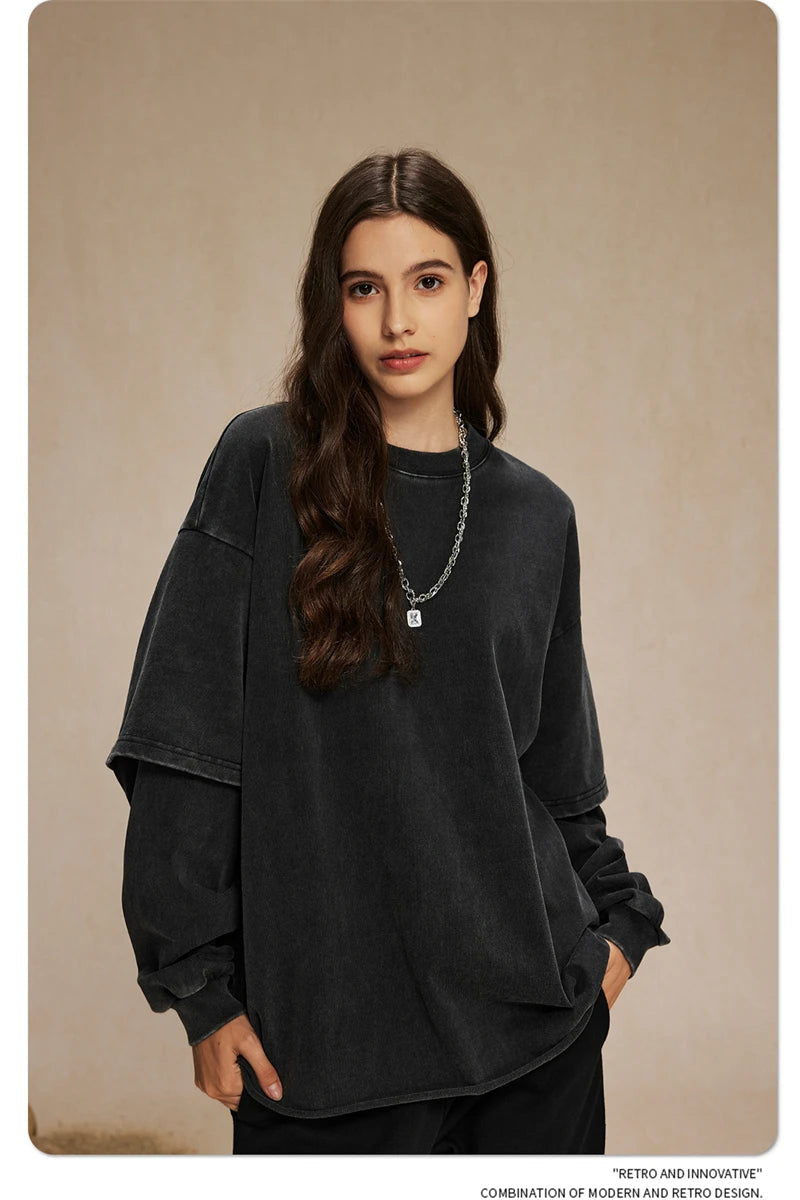 ZODF Retro Autumn Men Washed Cotton T-Shirts Unisex Loose Edge Fake 2-Piece 345gsm Full Sleeve O Neck T Shirt Brand Tops HY0928