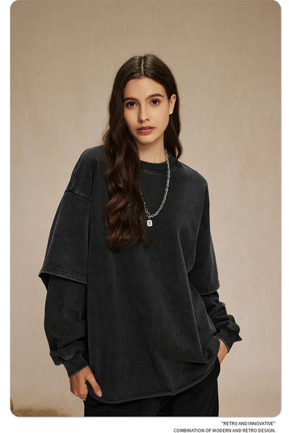 ZODF Retro Autumn Men Washed Cotton T-Shirts Unisex Loose Edge Fake 2-Piece 345gsm Full Sleeve O Neck T Shirt Brand Tops HY0928