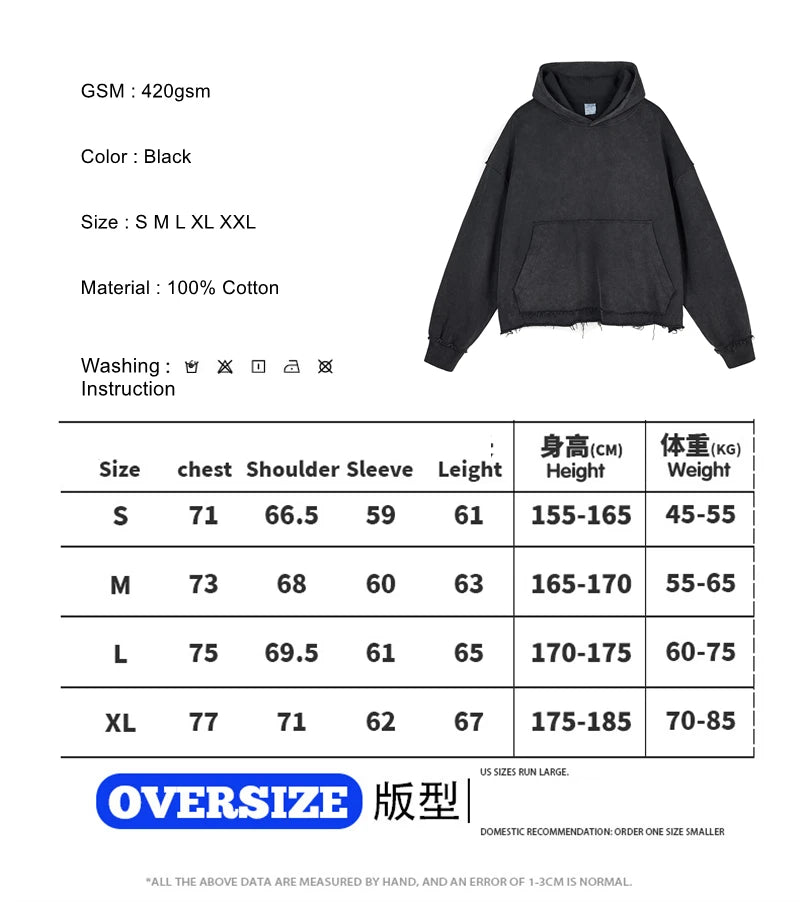 ZODF Retro Winter Men Washed 100% Cotton Boxy Hoodies Unisex Loose Fit Distressed Hooded Pullovers Coats Brand Outfits HY0048