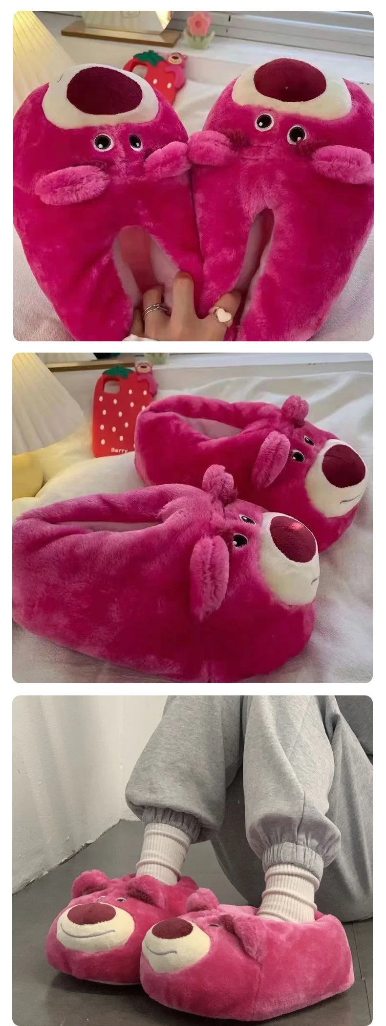 Disney Winter New Cute Cartoon Strawberry Bear Adult Home Cotton Shoes Indoor Floor Plush Warm Cotton Slippers Gift For Girls