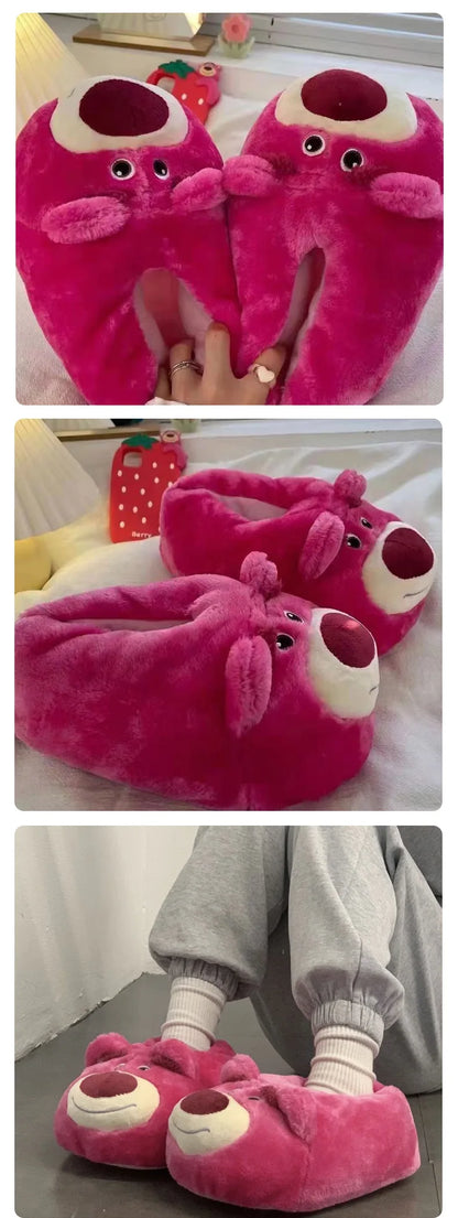 Disney Winter New Cute Cartoon Strawberry Bear Adult Home Cotton Shoes Indoor Floor Plush Warm Cotton Slippers Gift For Girls