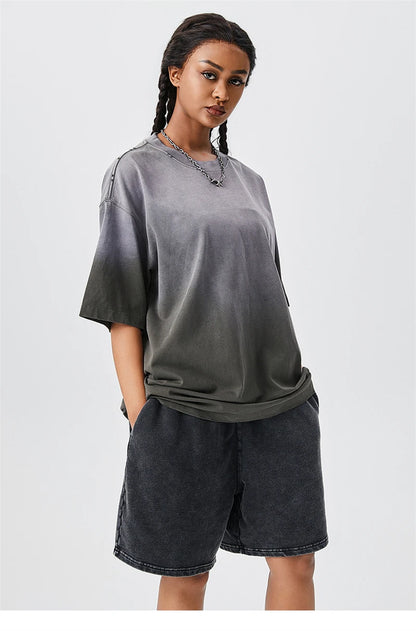 ZODF New Men's Summer Washed Gradient Cotton T-Shirts Unisex Women Retro Distressed 310gsm Ripped T Shirt Brand Tops HY0859