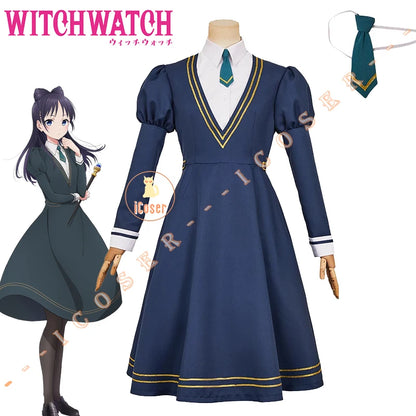 Anime Witch Watch Nemu Miyao Cosplay Costume Blue Dress Tie Shirt Stocking Outfit Halloween Party for Women Girls Carnival Props