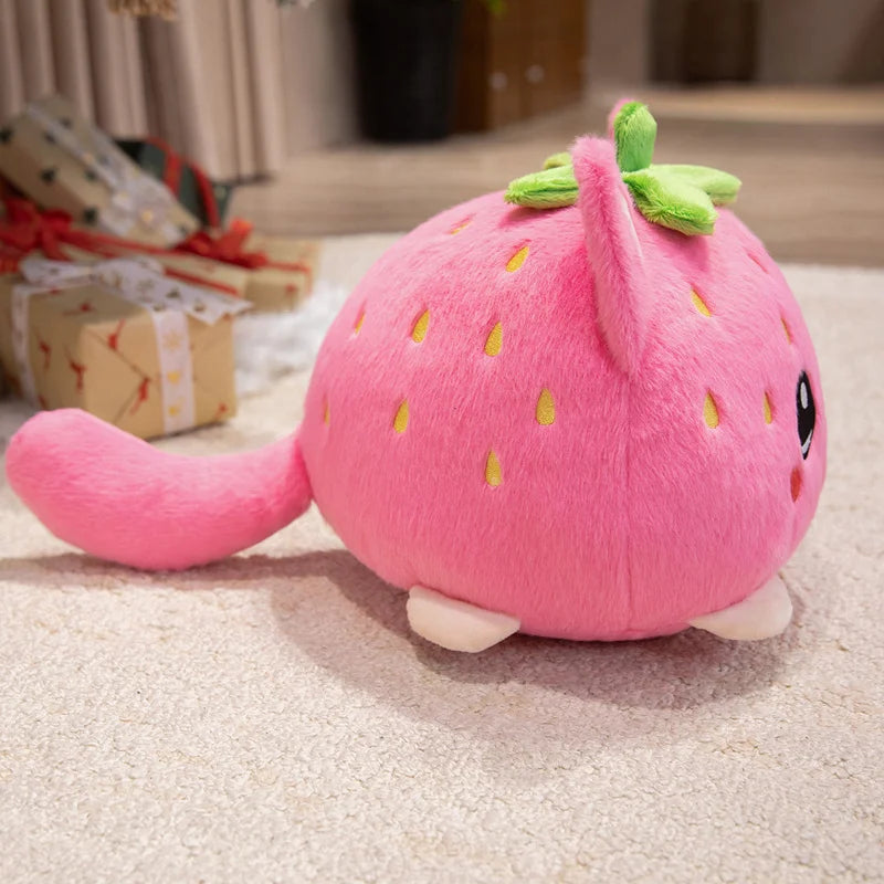 Kawaii Strawberry Cat Plush Toy Cute Pink Cat Stuffed Animal Cuddly Doll Soft Cartoon Plushies Birthday Gift for Girl Home Decor