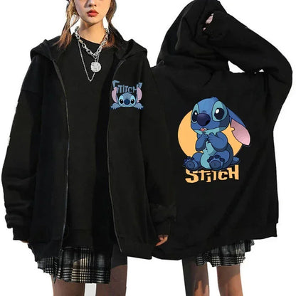 Womens Black Zip Hoodie Lilo & Stitch Mascot Costume Womens Winter Jacket Sale Sweater Aesthetic Pattern Hoodie Outerwear