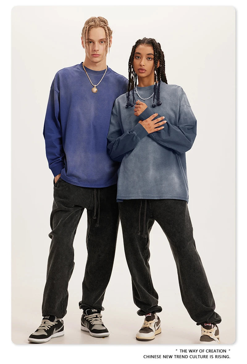 ZODF Retro Monkey Washed 260gsm Cotton T-Shirt For Men Unisex High Street Loose Full Sleeve T Shirt Brand Streetwear HY0406