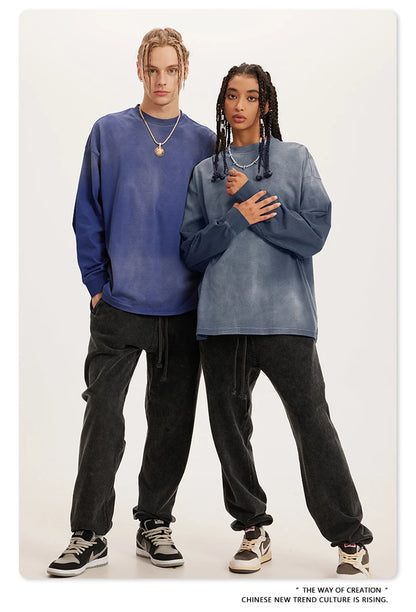 ZODF Retro Monkey Washed 260gsm Cotton T-Shirt For Men Unisex High Street Loose Full Sleeve T Shirt Brand Streetwear HY0406