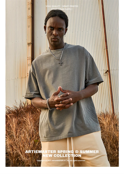 ZODF New Summer Solid Washed Cotton T-Shirts Streetwears For Men Unisex Retro High Street 275gsm Basic Tees Brand Tops HY0071