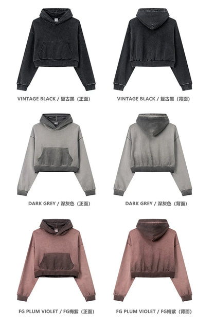 ZODF New Autumn Women Washed Crop Hoodies Female Girls Solid 380gsm Cotton Short Hooded Coats Streetwears HY0942