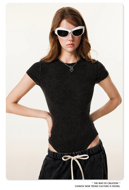 ZODF Hotsweet 2025 Women Washed Short Sleeve Bodysuits Sexy Girls Female 275gsm Slim Fit Distressed TEE Brand Tops HY1058