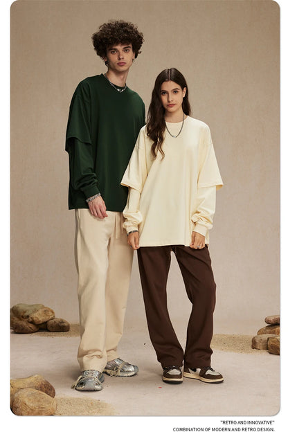 ZODF Fashion Spring Autumn Men 100% Cotton T-Shirt Unisex Fake 2-Piece 305gsm Solid Full Sleeve O Neck T Shirt Brand Tees HY0925