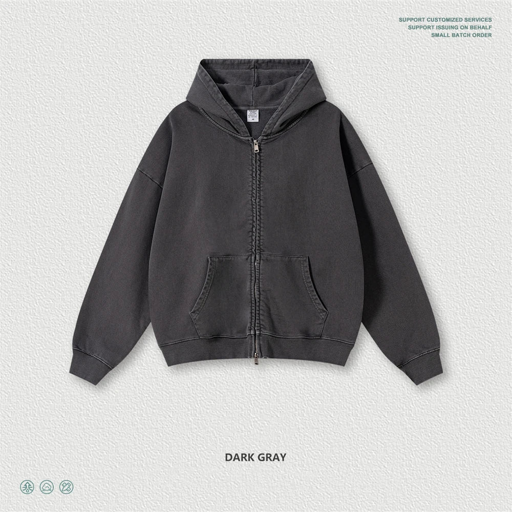 ZODF Heavy Wieght 480gsm Washed Cotton Boxy Zipper Hoodies For Man Unisex Retro Patchwork Off Shoulder Hooded Coats HY1152