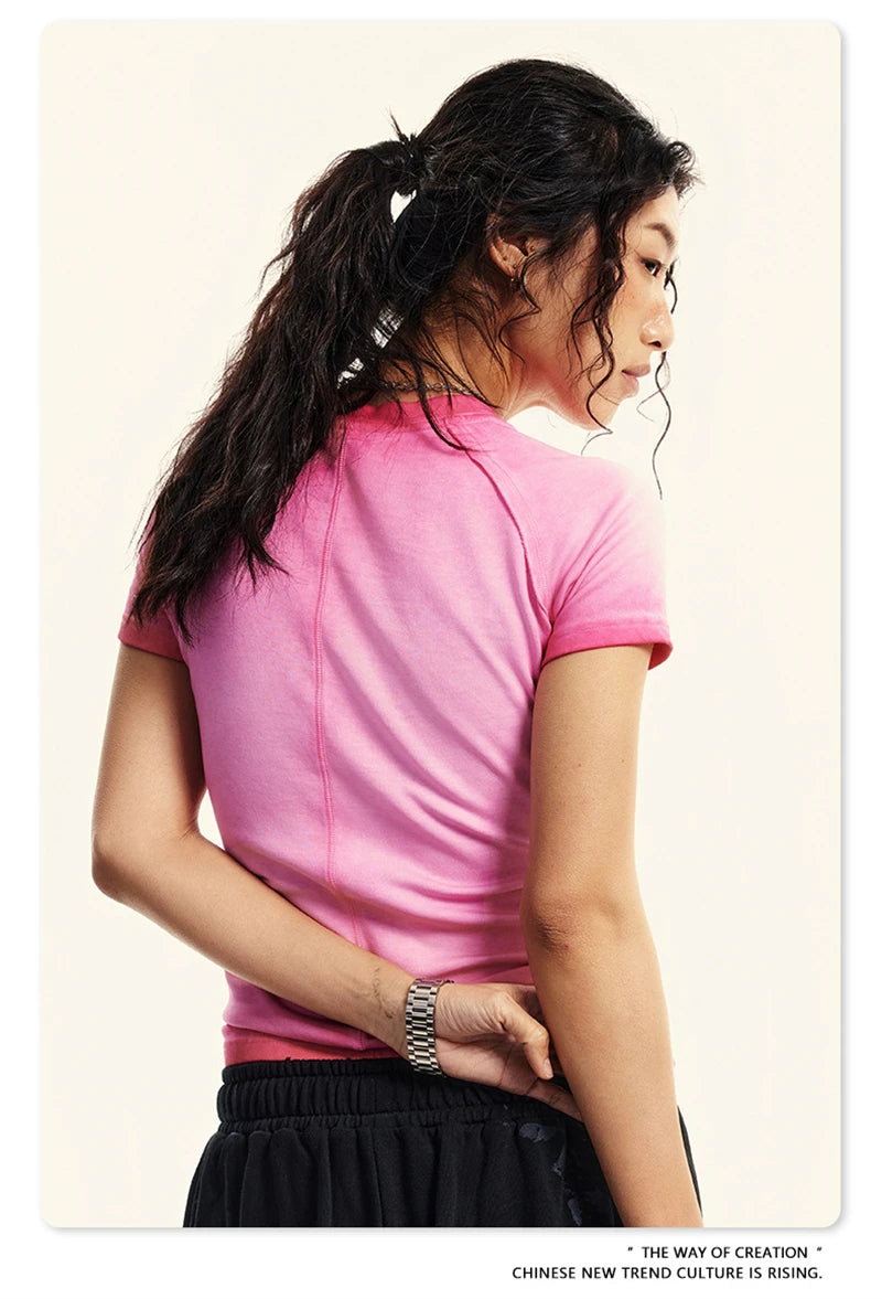 ZODF 2024 Summer Hotweet Washed T Shirt For Women Girls Gradient Raglan Sleeve Comfortable Short Tees Brand Tees HY0826