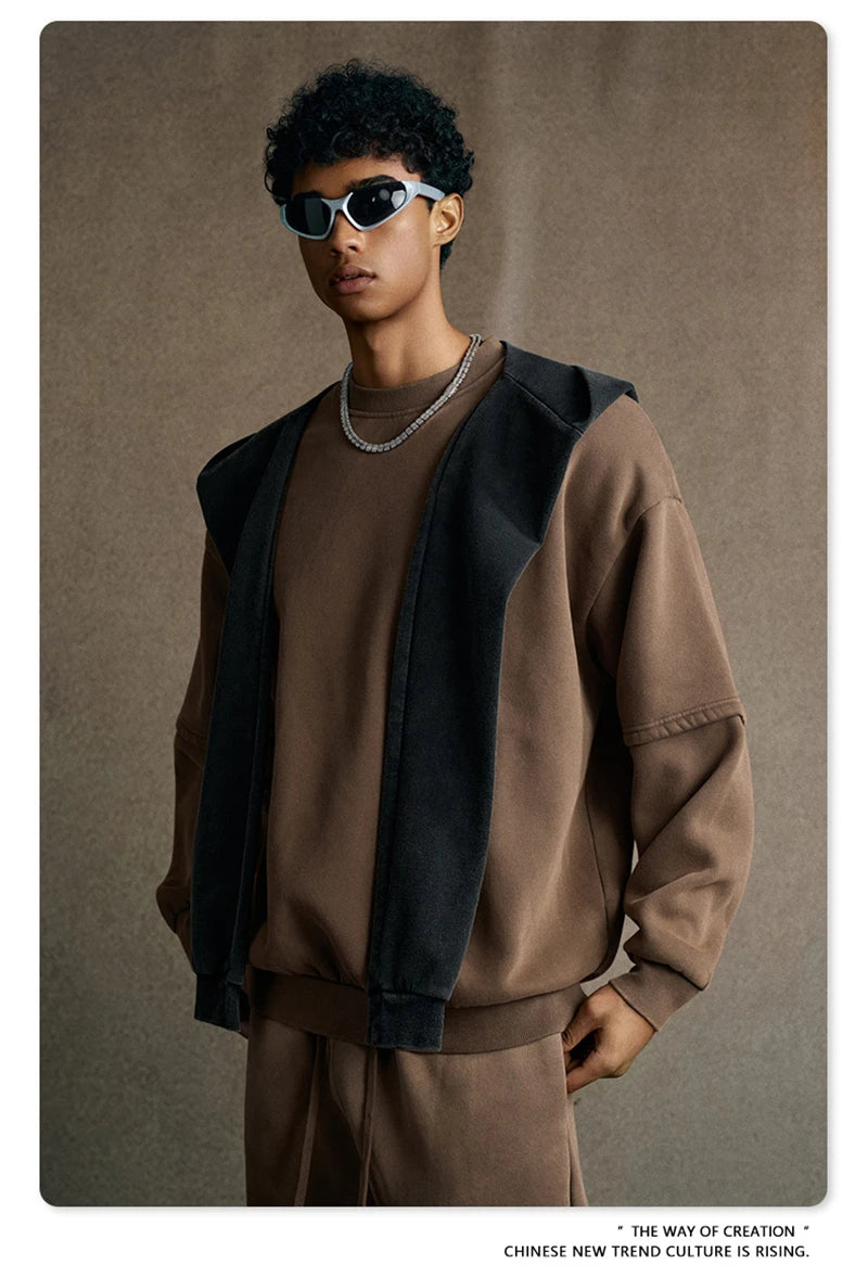 ZODF Trendy 2025 Winter Man 360gsm Washed Fleece Hoodies Unisex Patchwork Loose Fake 2 Pieces Knitted O Neck Sweatshirts HY1089