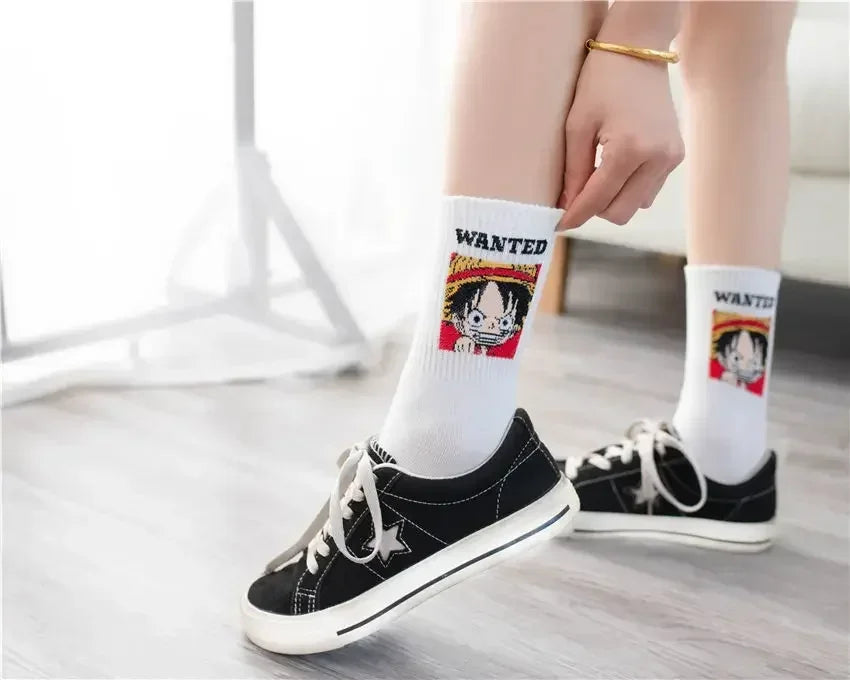 5Pair Anime One Piece Socks Cartoon Luffy Chopper Student Cotton White Long Short Boat Socks Printed Knitted Socks Children Gift