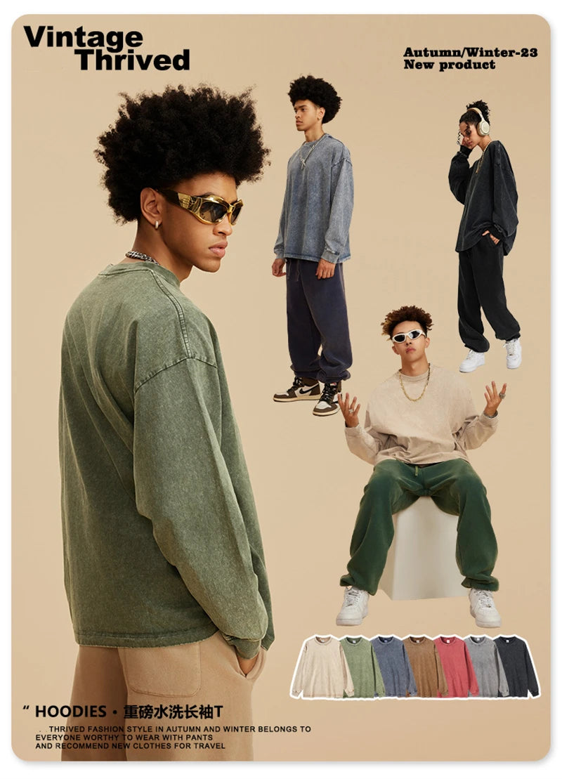 ZODF Retro 2025 Men Autumn Batik Washed T Shirt Unisex Oversized Basic Long Sleeve Solid 270gsm Cotton T-Shirts Tees HY0641