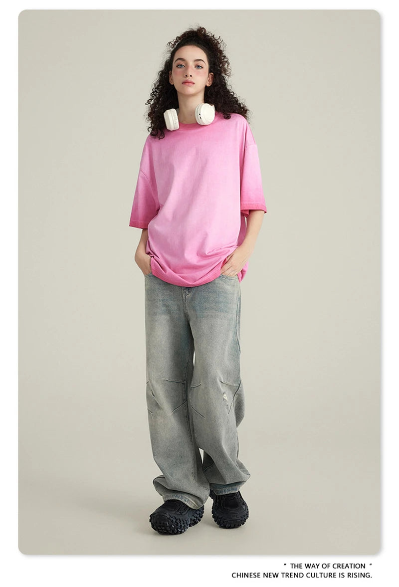 ZODF 2023 Men's Summer 255G Wash Gradient Fried Cotton T Shirt Round Neck Short Sleeve American Retro Loose T-Shirt HY0547