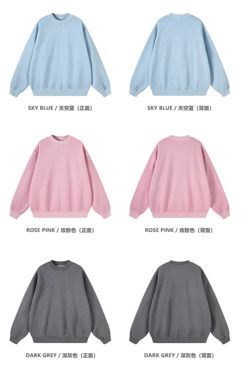 ZODF New Men Winter 355gsm Washed Fleece Sweatshirts Retro Unisex Oversized Solid O-Neck Warm Pullovers Coat Streetwears HY0639