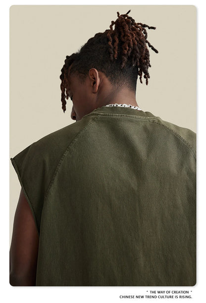 ZODF American Retro Men Washed Solid Tank Tops Women Unisex Loose Edge 275gsm Cotton Sleeveless Tees Brand Streetwears HY0503