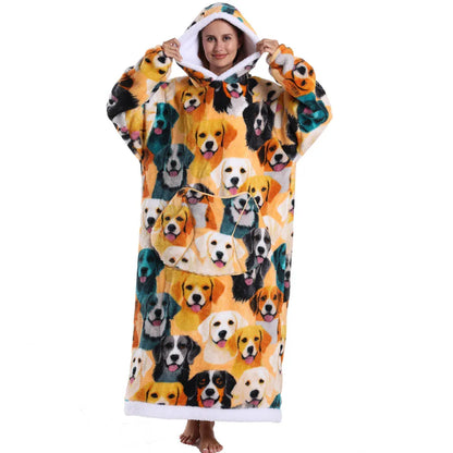 Oversized Blanket Hoodie for Adults Blue Leopard Cartoon Long Plush Thick Wearable Blanket with Sleeves Women Man Winter Clothes