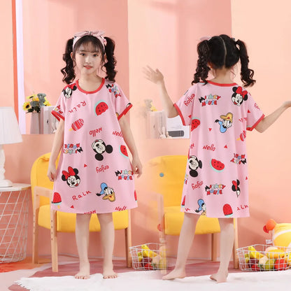 MINISO Children Home Clothing Girls Night Dress Summer Short Sleeve Disney Hello Kitty Cat Toddler Girl Pjs Nightgown Sleepwear