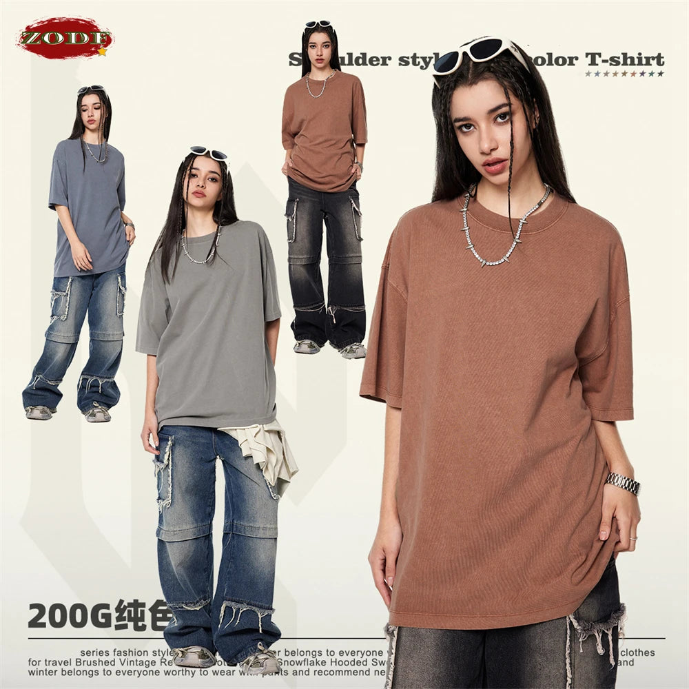 ZODF New Spring Summer 200gsm Washed Cotton T Shirts For Men Unisex Women Retro Casual Basic Solid T-Shirt Brand Tees HY0775