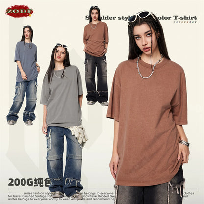 ZODF New Spring Summer 200gsm Washed Cotton T Shirts For Men Unisex Women Retro Casual Basic Solid T-Shirt Brand Tees HY0775
