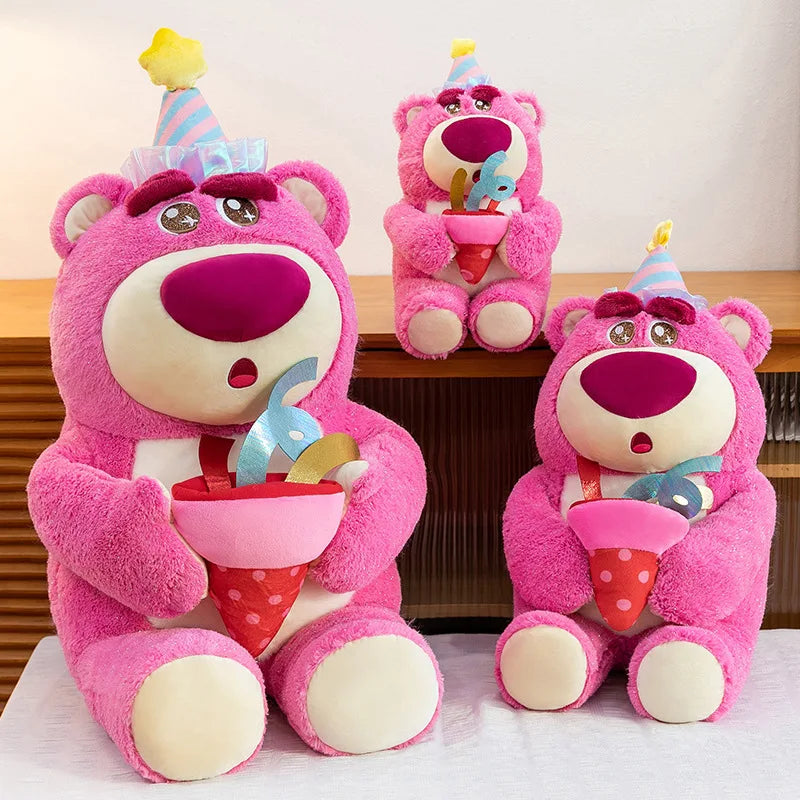 Disney Plush Strawberry Bear Doll with Birthday Hat Cute Stuffed Animal for Kids Birthday Xmas Gift Perfect Toy for Children And