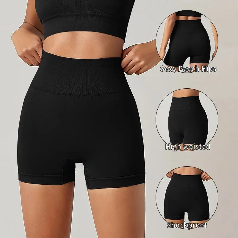Fitness Shorts for Women High Waist Tight Cycling Yoga Breathable Sports Pants No Awkward Lines - black / L