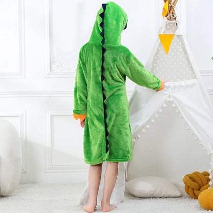 Toddler Boys Bathrobe Girl Sleepwear Winter Flannel Hooded Bath Towel Teen Dinosaur Cow Pjs Animal Pajamas Robe Children Clothes