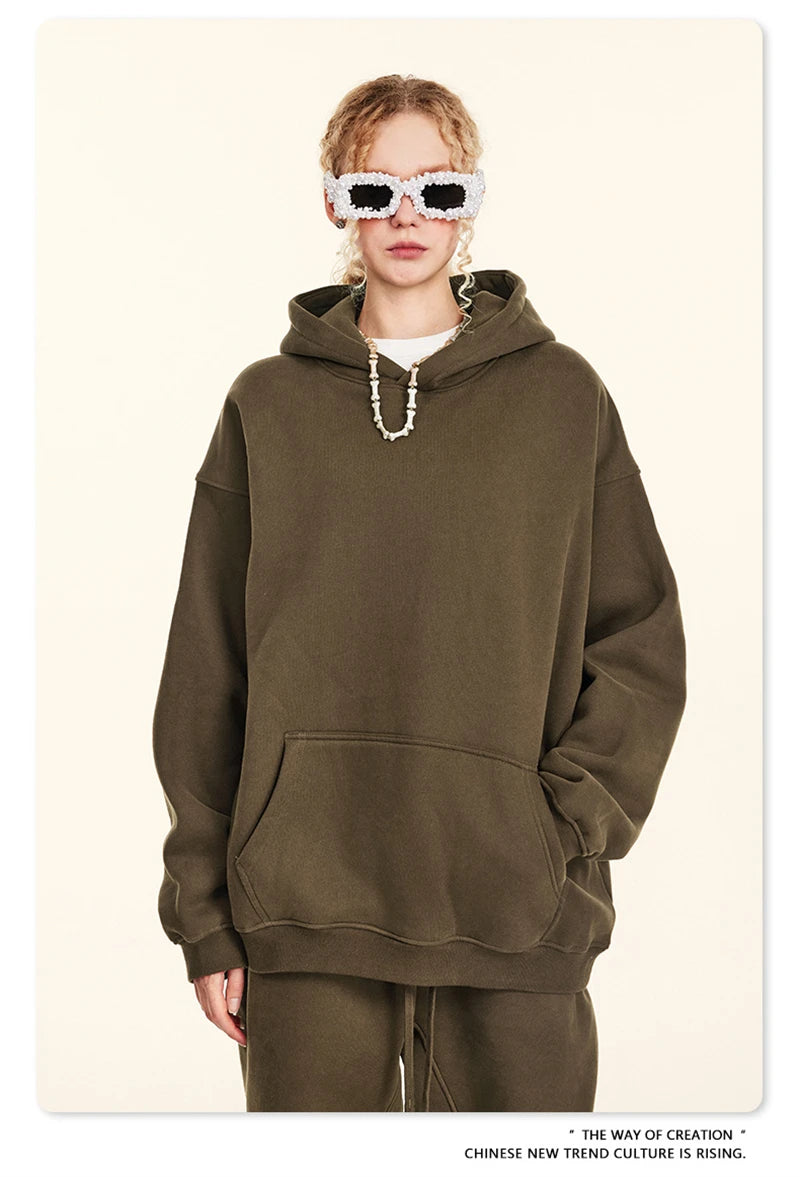 ZODF New 2024 Autumn Winter Men 345gsm Fleece Hoodies Unisex Women Relax Fit Warm Solid Hooded Pullovers Sweatshirts HY0863
