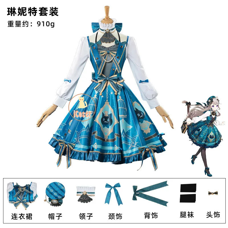 Genshin Impact Lynette Cosplay Costume Wig Dress Uniform Hat Magician Outfit Fontaine Halloween Party for Women Girls Game Props
