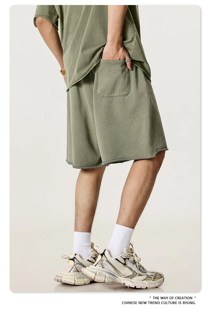 ZODF Retro Summer Washed 370gsm Cotton Shorts For Men Unisex High Street Loose Edge Distressed Solid Shorts Brand Clothes HY1023