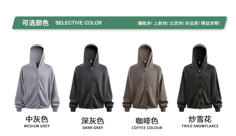 ZODF Heavy Wieght 480gsm Washed Cotton Boxy Zipper Hoodies For Man Unisex Retro Patchwork Off Shoulder Hooded Coats HY1152