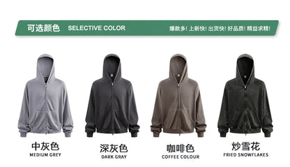 ZODF Heavy Wieght 480gsm Washed Cotton Boxy Zipper Hoodies For Man Unisex Retro Patchwork Off Shoulder Hooded Coats HY1152