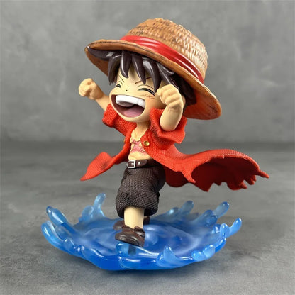 16cm One Piece Luffy Childhood Figure Shuiyue Style Laughing Expression Blue Water Effect Base PVC Anime Desk Decor Gift For Fan